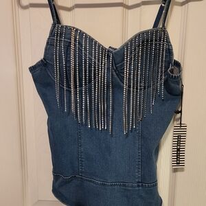 Denim Rhinestone Fringe Thong Bodysuit (NWT)